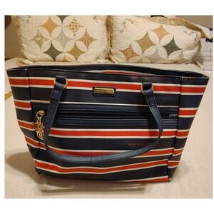 Tommy Hilfiger Navy Red White Striped Tote Bag Gold Charm Faux Leather Handbag